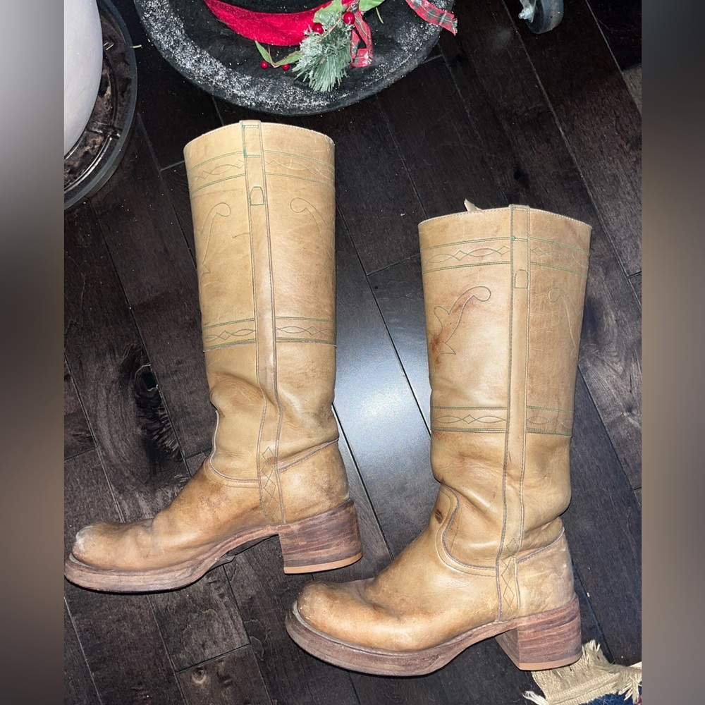 SOLD Authentic Vintage Frye Leather Banana Campus Boots with Teal Stitching
